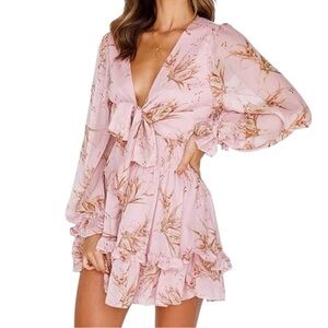 Elegant Floral Tie Pink Mini V-Neck Chiffon Dress Size Large
